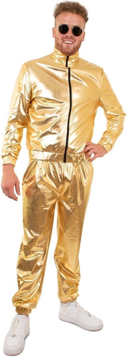 Glitter & Glamour Kostuum | Gouden Metallic Trainingspak Proud To Be Goud Heren | Man | Extra Small | Carnaval kostuum | Verkleedkleding